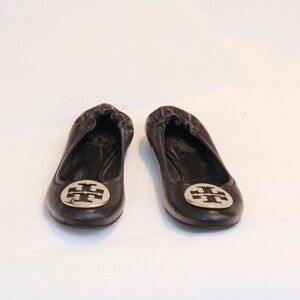 Tory Burch Black Leather Logo Ballet Flats